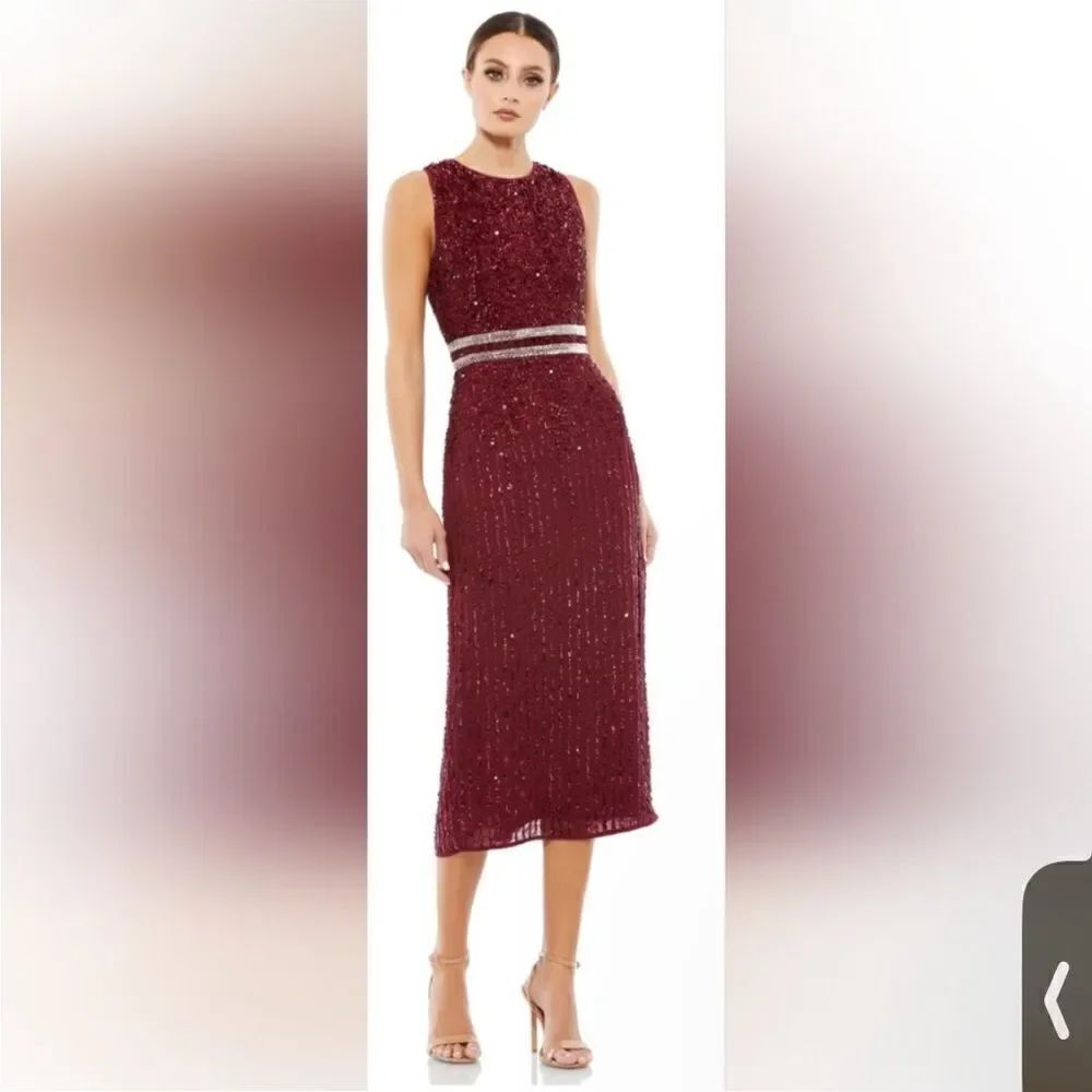 Mac Duggal SLEEVELESS HIGH NECK BEADED MIDI DRESS burgundy (10509) size 14